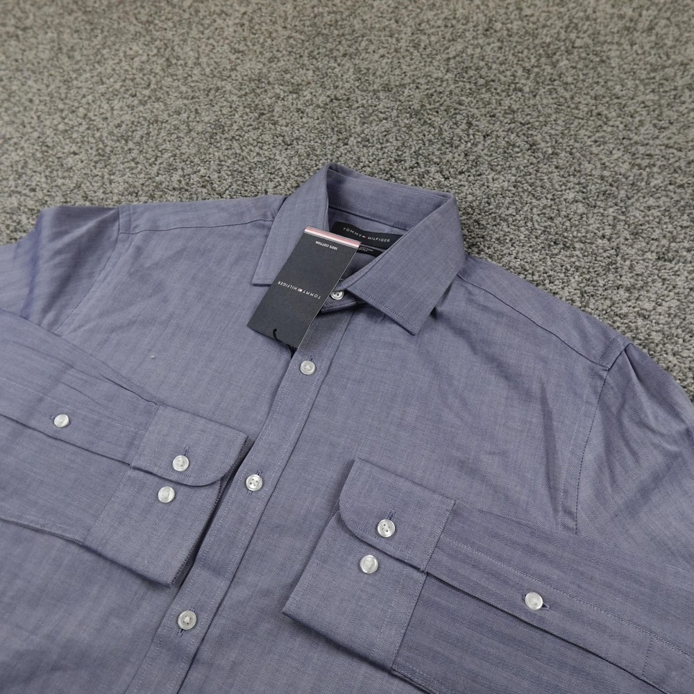 NEW Tommy Hilfiger Shirt Mens M Blue Chambray Herringbone Twill Dress Button Up